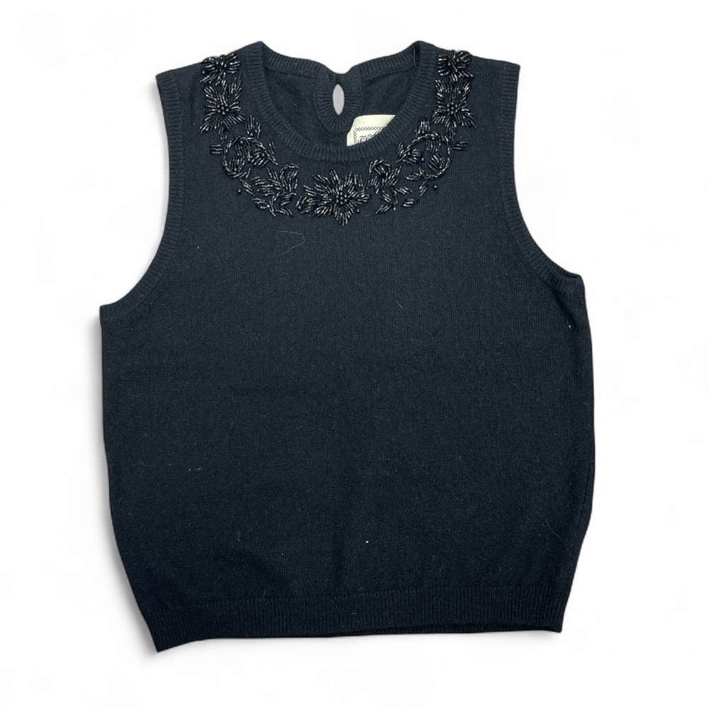 Croquet Club Lambs Wool Black Sleeveless Sweater Top with Beaded Neckline